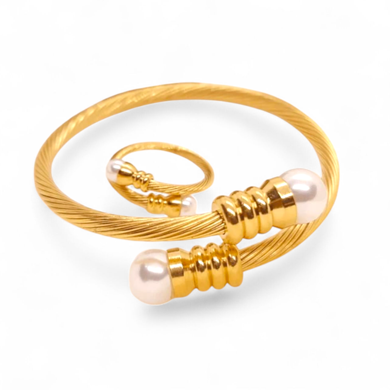 Spiral pearl ring and bangle set