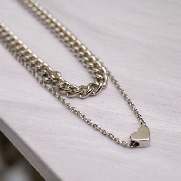 Silver heart double chain pendant